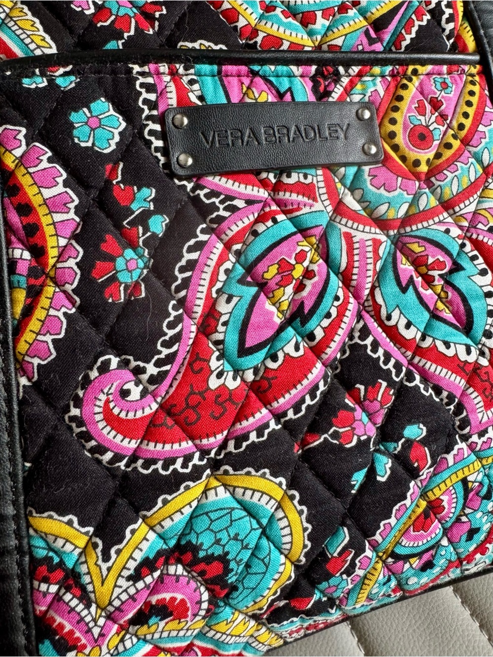 Vera Bradley Black Quilted Paisley Tote with Pink, Turquoise & Yellow Accents - Picture 4 of 6